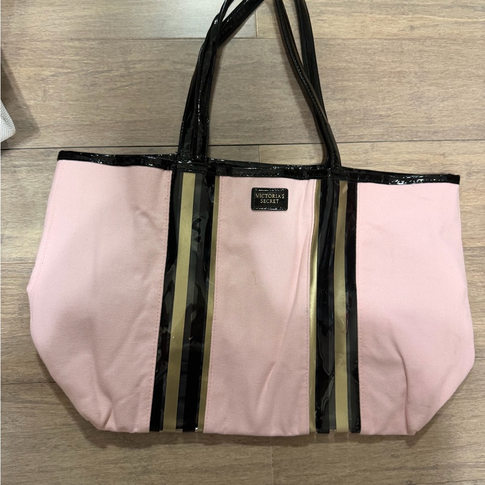 Victoria's Secret Pink Canvas Tote with Black Trim and Gold Stripes